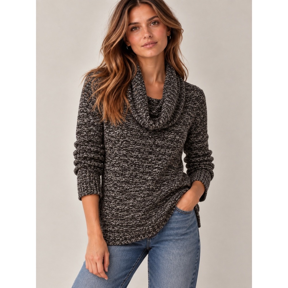VTG J.Crew Wool Blend Chocolate Brown Marled Cowl Neck Knit Sweater, XXS